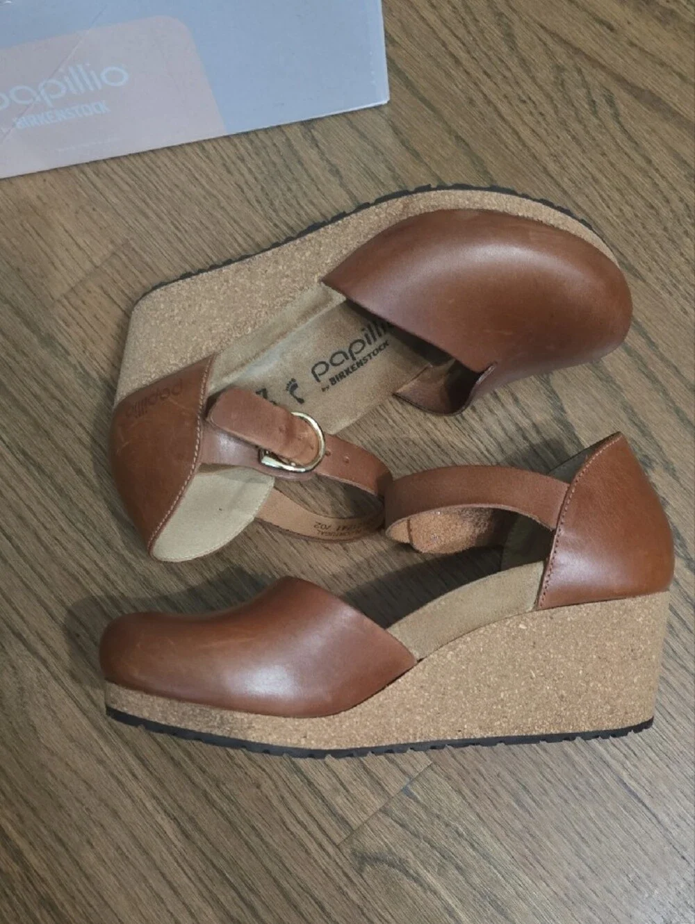 Papillio Cognac Mary Ring-Buckle Ankle Strap Wedge Sandals - Birkenstock 37
